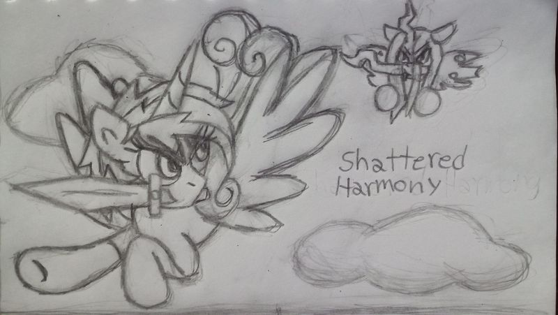 Size: 4160x2347 | Tagged: safe, artist:rosa ushiromiya, derpibooru import, princess cadance, queen chrysalis, alicorn, changeling, changeling queen, pony, g4, cloud, duo, duo female, female, flying, image, mare, monochrome, my little pony the movie - shattered harmony, png, short hair, short mane, sword, traditional art, weapon