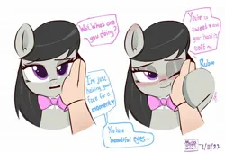 Size: 1992x1356 | Tagged: safe, artist:mar0x8, derpibooru import, edit, octavia melody, earth pony, human, pony, g4, blushing, bronybait, bust, cute, dialogue, human on pony petting, image, jpeg, petting, simple background, smiling, tavibetes, text, white background