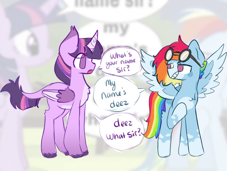 Size: 1991x1500 | Tagged: safe, artist:nawnii, artist:nawniio, derpibooru import, rainbow dash, twilight sparkle, twilight sparkle (alicorn), alicorn, pegasus, pony, g4, alternate design, deez nuts, duo, dusk shine, goggles, image, leonine tail, png, rainbow blitz, redesign, rule 63, smiling, spread wings, tail, text, twitterina design, unshorn fetlocks, wings