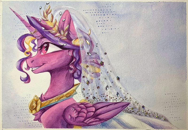 Size: 3863x2671 | Tagged: safe, artist:jsunlight, derpibooru import, princess cadance, alicorn, pony, g4, alternate hairstyle, chest fluff, clothes, dress, female, folded wings, grin, hair bun, horn, horn ring, image, jewelry, jpeg, mare, peytral, rhinestone (crystal), ring, smiling, solo, traditional art, veil, watercolor painting, wedding dress, wedding veil, wings, wrong eye color