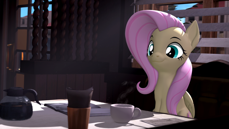 Size: 3840x2160 | Tagged: safe, artist:owlpirate, derpibooru import, fluttershy, pegasus, pony, g4, 3d, 4k, coffee, coffee mug, coffee pot, cute, female, high res, image, indoors, mare, mug, png, shyabetes, sitting, smiling, solo, source filmmaker