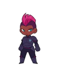 Size: 1200x1600 | Tagged: safe, alternate version, artist:tinypurplebrush, derpibooru import, tempest shadow, human, g4, armor, belt, boots, chibi, clothes, commission, cute, dark skin, eye scar, facial scar, female, four fingers, gloves, humanized, image, pants, png, purple background, scar, shoes, simple background, solo, transparent background