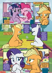 Size: 1920x2715 | Tagged: safe, artist:alexdti, derpibooru import, applejack, pinkie pie, rarity, twilight sparkle, twilight sparkle (alicorn), alicorn, earth pony, pony, unicorn, comic:how we met (italian), g4, applejack's hat, comic, cowboy hat, crying, cup, donut, female, filly, filly applejack, filly rarity, flashback, foal, food, hat, horn, image, italian, jpeg, open mouth, open smile, sand, sandbox, smiling, speech bubble, tears of joy, younger