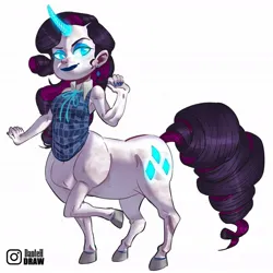 Size: 1080x1080 | Tagged: safe, artist:littledan-art, derpibooru import, part of a set, rarity, centaur, human, taur, g4, centaurified, centaurity, clothes, female, glow, glowing eyes, glowing horn, horn, horned humanization, humanized, image, jpeg, looking at you, pony coloring, signature, simple background, smiling, smiling at you, solo, species swap, vest, white background