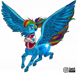 Size: 1080x1023 | Tagged: safe, artist:littledan-art, derpibooru import, part of a set, rainbow dash, centaur, human, taur, g4, centaurdash, centaurified, clothes, crossed arms, female, humanized, image, jacket, jpeg, pegataur, pony coloring, ponytail, signature, simple background, solo, species swap, spread wings, varsity jacket, white background, wings