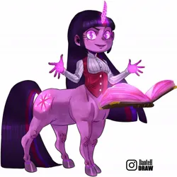 Size: 1080x1080 | Tagged: safe, artist:littledan-art, derpibooru import, part of a set, twilight sparkle, centaur, human, taur, g4, book, centaur twilight, centaurified, female, glow, glowing horn, horn, horned humanization, humanized, image, jpeg, levitation, looking at you, magic, pony coloring, signature, simple background, smiling, smiling at you, solo, species swap, telekinesis, white background