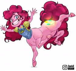 Size: 1080x1012 | Tagged: safe, artist:littledan-art, derpibooru import, part of a set, pinkie pie, centaur, human, taur, g4, belly, centaur pie, centaurified, female, glowing cutie mark, grin, humanized, image, jpeg, looking at you, outstretched arms, pony coloring, signature, simple background, smiling, smiling at you, solo, species swap, standing, standing on one leg, white background