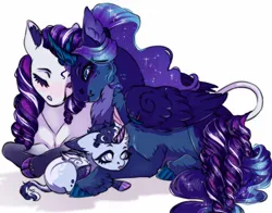 Size: 1276x1000 | Tagged: safe, artist:theartfox2468, derpibooru import, princess luna, rarity, oc, oc:aurora trivia radiant moon, alicorn, pony, unicorn, :p, alicorn oc, alternate design, alternate hairstyle, baby, blind, blushing, curved horn, description is relevant, eyes closed, fangs, female, filly, foal, horn, image, jpeg, leonine tail, lesbian, magical lesbian spawn, mare, markings, mother and child, mother and daughter, offspring, parent:princess luna, parent:rarity, parents:rariluna, redesign, ship:rariluna, shipping, simple background, story included, tail, tongue out, trio, trio female, twitterina design, unshorn fetlocks, white background, wings