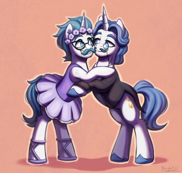 Size: 1634x1555 | Tagged: safe, artist:bkiltersot, derpibooru import, fancypants, oc, oc:fabio, pony, unicorn, g4, bipedal, clothes, commission, crossdressing, duo, duo male, facial hair, floral head wreath, flower, glasses, horn, hug, image, male, monocle, moustache, nephew, png, stallion, suit, tutu, uncle, uncle and nephew, unshorn fetlocks