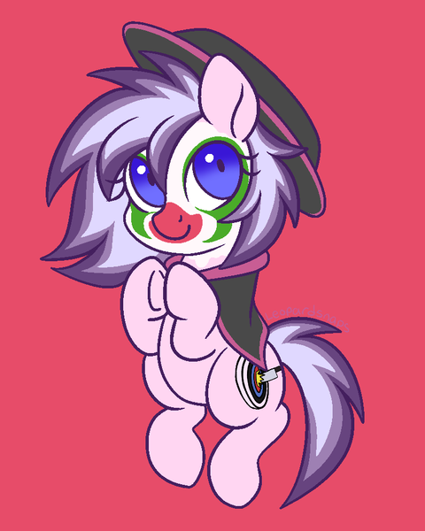 Size: 800x1000 | Tagged: safe, artist:leopardsnaps, derpibooru import, oc, oc:funny smiles, unofficial characters only, earth pony, pony, bigender, clothes, clown, clown makeup, cute, earth pony oc, female, grin, hat, image, male, mare, nonbinary, png, poncho, simple background, smiling, solo, stallion