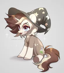 Size: 1850x2100 | Tagged: safe, artist:avroras_world, derpibooru import, oc, unofficial characters only, pony, unicorn, chest fluff, ear cleavage, eyeliner, female, hat, horn, image, makeup, mare, open mouth, open smile, png, simple background, sitting, smiling, solo, underhoof, unicorn oc, witch hat