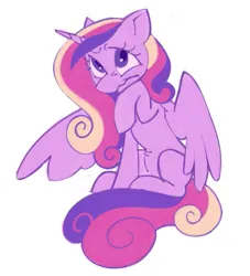 Size: 907x1000 | Tagged: safe, artist:partyponypower, derpibooru import, twilight sparkle, twilight sparkle (alicorn), alicorn, pony, g4, alternate hairstyle, alternate mane color, alternate tail color, alternate tailstyle, female, frown, image, jpeg, mane swap, mare, pc, raised hoof, simple background, sitting, solo, tail, tail swap, white background