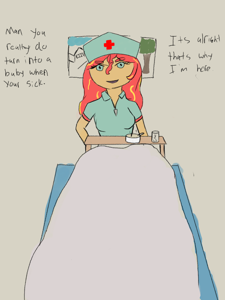 Size: 3024x4032 | Tagged: safe, artist:just_a_nerd, derpibooru import, sunset shimmer, equestria girls, g4, colored, dialogue, image, nurse outfit, offscreen character, png, pov, talking to viewer