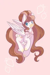 Size: 1365x2048 | Tagged: safe, artist:mscolorsplash, derpibooru import, oc, oc:strawberry milk, unofficial characters only, pegasus, pony, coat markings, colored pupils, eye clipping through hair, eyebrows, eyebrows visible through hair, facial markings, female, food, image, jpeg, long eyelashes, mare, open mouth, open smile, pink background, shawl, simple background, smiling, snip (coat marking), solo, strawberry