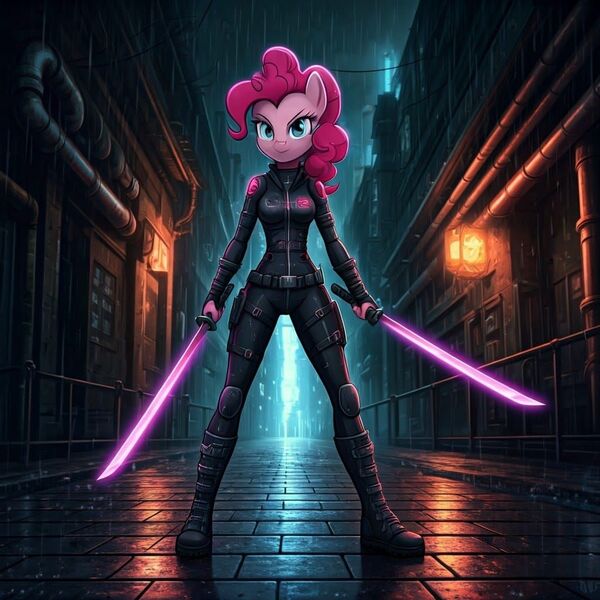 Size: 1024x1024 | Tagged: safe, ai content, generator:google imagen 3.0, machine learning generated, nightcafe ai, pinkie pie, anthro, plantigrade anthro, cyberpunk, image, jpeg, music, ninja