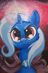 Size: 1320x2000 | Tagged: safe, artist:rai-kun, derpibooru import, trixie, pony, unicorn, g4, >:3, acrylic painting, great and powerful, horn, image, jpeg, looking at you, magic, smiling, smiling at you, traditional art