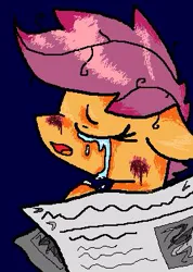 Size: 265x373 | Tagged: semi-grimdark, artist:lizfoxyartis, derpibooru import, scootaloo, pegasus, pony, g4, 2013, blood, blue background, crying, eyes closed, image, injured, jpeg, messy mane, mouth hold, newspaper, orphan, simple background, solo