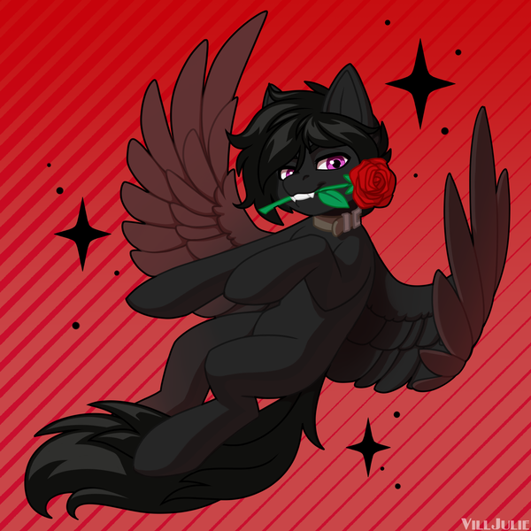 Size: 2000x2000 | Tagged: safe, artist:villjulie, derpibooru import, oc, unofficial characters only, pegasus, pony, flower, flower in mouth, image, mouth hold, pegasus oc, png, rose, rose in mouth, solo, wings