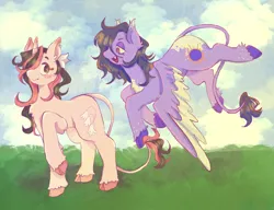 Size: 1302x1000 | Tagged: safe, artist:wormybait, derpibooru import, oc, unofficial characters only, classical unicorn, pegasus, pony, unicorn, cloven hooves, colored wings, duo, female, flying, hair over one eye, horn, image, leonine tail, looking at each other, looking at someone, mare, pegasus oc, png, two toned wings, unicorn oc, unshorn fetlocks, wings