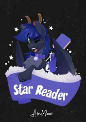 Size: 1688x2388 | Tagged: safe, artist:alrumoon_art, derpibooru import, oc, oc:star reader, unofficial characters only, deer, pegasus, pony, antlers, bell, bell collar, book, candy, candy cane, chest fluff, collar, deerified, food, image, looking at you, one eye closed, png, solo, species swap, wings, wink, winking at you