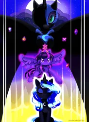 Size: 2200x3000 | Tagged: safe, artist:graciecat812, derpibooru import, nightmare moon, princess luna, twilight sparkle, twilight sparkle (alicorn), alicorn, pony, g4, big crown thingy, crescent moon, element of generosity, element of honesty, element of kindness, element of laughter, element of loyalty, element of magic, elements of harmony, female, image, jewelry, mare, moon, night, png, regalia, signature