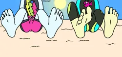 Size: 2045x949 | Tagged: safe, artist:fabianginger, derpibooru import, fluttershy, rainbow dash, human, equestria girls, g4, beach, clothes, duo, duo female, feet, female, fetish, foot fetish, image, png, sand, soles, sun, swimsuit