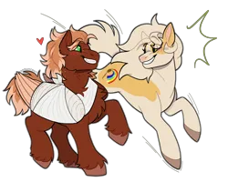 Size: 4168x3327 | Tagged: safe, artist:werewargs, derpibooru import, oc, oc:banana cupcake, oc:golden flare, ponified, unofficial characters only, earth pony, pegasus, pony, bandage, broken bone, broken wing, cast, colored hooves, colored wings, commission, duo, earth pony oc, female, female oc, freckles, friends, hooves, image, injured, male, nonbinary, pegasus oc, png, short tail, simple background, sling, species swap, stallion, tail, transparent background, unshorn fetlocks, wings