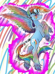 Size: 834x1112 | Tagged: safe, artist:fresasdiorarts, derpibooru import, rainbow dash, pegasus, pony, g4, aura, blushing, ear piercing, female, flying, gauges, goggles, image, jpeg, leonine tail, lightning eyes, looking at you, mare, piercing, signature, solo, spread wings, tail, unshorn fetlocks, wingding eyes, wings