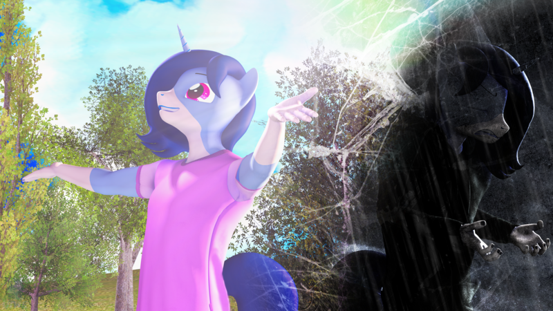 Size: 3840x2160 | Tagged: safe, artist:unie, derpibooru import, oc, oc:crystal glaze, anthro, unicorn, clothes, conflict, dark, duality, happy, horn, image, light, misery, png, rain, shirt, sunshine