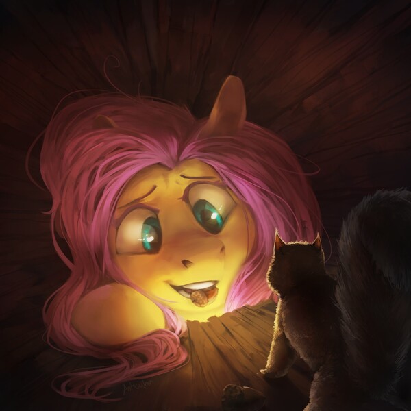 Size: 2000x2000 | Tagged: safe, artist:anticular, derpibooru import, fluttershy, pegasus, pony, squirrel, g4, acorn, female, high res, image, jpeg, log, mare, mouth hold, smiling, solo