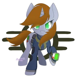 Size: 1937x1961 | Tagged: safe, artist:acidigon, derpibooru import, oc, oc:littlepip, unofficial characters only, pony, unicorn, fallout equestria, female, horn, image, looking at you, mare, pipbuck, png, raised hoof, simple background, solo, solo female, transparent background