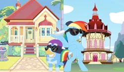 Size: 1819x1059 | Tagged: safe, artist:shieldwingarmorofgod, derpibooru import, rainbow dash, dog, pegasus, g4, backwards ballcap, baseball cap, bipedal, bluey, bluey heeler, cap, female, hat, image, png, smiling, sunglasses, tomboy