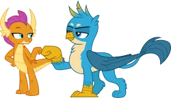 Size: 5205x3000 | Tagged: safe, artist:cloudy glow, derpibooru import, gallus, smolder, dragon, gryphon, g4, dragoness, duo, duo male and female, female, fist bump, image, male, png, simple background, transparent background, vector