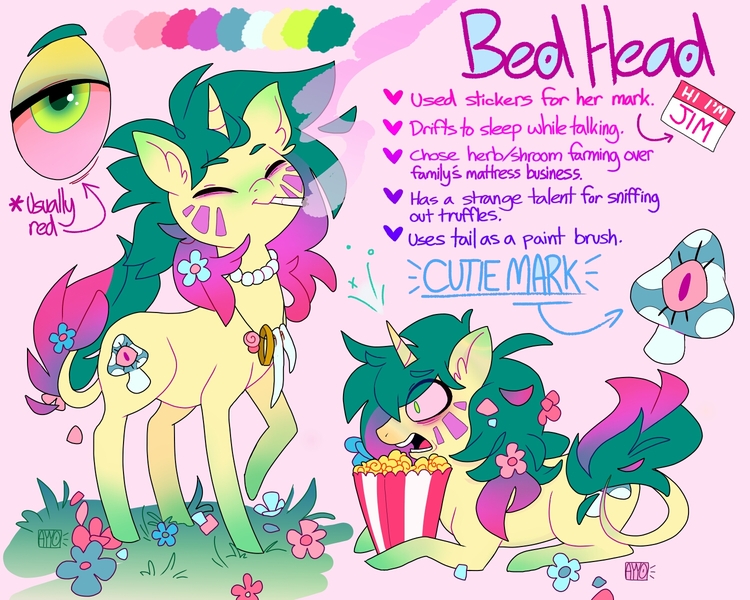 Size: 1500x1200 | Tagged: safe, artist:ayyolilikoi, derpibooru import, oc, oc:bed head, unofficial characters only, pony, unicorn, blunt, drug use, drugs, female, flower, flower in hair, flower in tail, food, horn, image, jewelry, jpeg, leonine tail, lying down, mare, marijuana, necklace, popcorn, prone, smoking, solo, tail