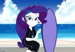 Size: 2300x1587 | Tagged: safe, artist:stephen-fisher, derpibooru import, rarity, human, equestria girls, g4, black swimsuit, clothes, female, image, png, solo, surfboard, swimsuit