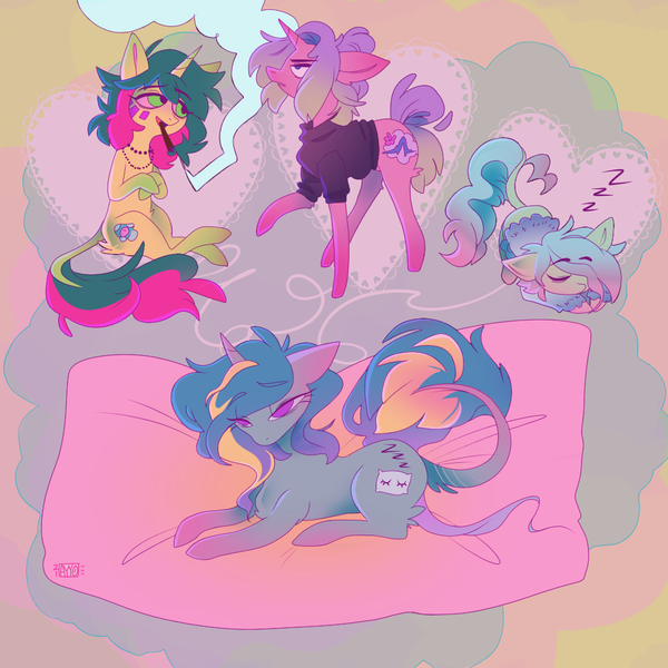 Size: 1000x1000 | Tagged: safe, artist:ayyolilikoi, derpibooru import, oc, oc:bed head, oc:cozy thyme, oc:rem sleep, oc:slumber sleepwalker, unofficial characters only, pony, unicorn, blunt, clothes, drug use, drugs, duo, eyebrows, eyebrows visible through hair, female, horn, image, jewelry, leonine tail, lying down, mare, marijuana, necklace, onomatopoeia, png, prone, sitting, sleeping, sound effects, sweater, tail, zzz