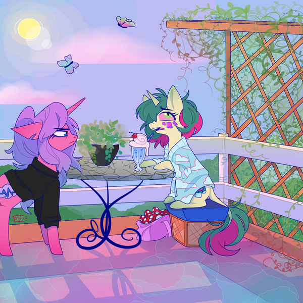 Size: 1000x1000 | Tagged: safe, artist:ayyolilikoi, derpibooru import, oc, oc:bed head, oc:rem sleep, unofficial characters only, butterfly, insect, pony, unicorn, balcony, cafe, clothes, drink, duo, horn, image, leonine tail, milkshake, mushroom, png, robe, sitting, sweater, table, tail