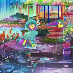 Size: 1000x1000 | Tagged: safe, artist:ayyolilikoi, derpibooru import, oc, oc:bed head, unofficial characters only, frog, pony, unicorn, blunt, drugs, duo, female, horn, image, mare, marijuana, png, rain, raincoat, smoking, water