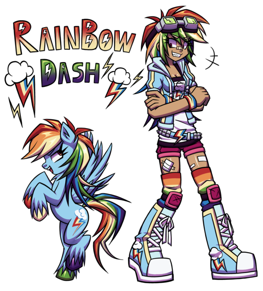 Size: 4500x4979 | Tagged: safe, artist:bitcrushedrain, derpibooru import, rainbow dash, human, pegasus, pony, g4, alternate hairstyle, band-aid on nose, bandaid, belt, boots, clothes, crossed arms, cute, dark skin, dashabetes, female, flying, goggles, goggles on head, hoodie, human ponidox, humanized, image, knee pads, looking at each other, looking at someone, mare, png, rainbow socks, self paradox, self ponidox, shoes, shorts, simple background, socks, solo, striped socks, tanktop, unshorn fetlocks, white background