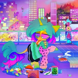 Size: 1000x1000 | Tagged: safe, artist:ayyolilikoi, derpibooru import, oc, unofficial characters only, anthro, pegasus, pony, unicorn, balcony, blunt, chips, choker, city, cityscape, clothes, drugs, flying, food, horn, image, jacket, jewelry, leonine tail, marijuana, necklace, png, taco, tail