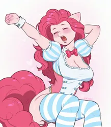 Size: 2431x2788 | Tagged: safe, artist:urvile, derpibooru import, pinkie pie, anthro, earth pony, g4, bowtie, breasts, cleavage, clothes, dress, eyes closed, female, high res, image, jpeg, sitting, socks, solo, stretching, striped socks, thigh highs, yawn