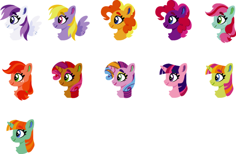 Size: 1280x836 | Tagged: safe, artist:shadowbluebrownine, derpibooru import, bumblesweet, cherry spices, firecracker burst, fizzypop, lily blossom, lucky swirl, pepperdance, sugar grape, sweetcream scoops, sweetie blue, sweetie swirl, earth pony, pegasus, unicorn, g4, bust, horn, image, png, portrait, simple background, transparent background