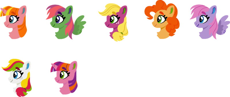 Size: 1280x541 | Tagged: safe, artist:shadowbluebrownine, derpibooru import, banana bliss, berry green, cherry pie, coconut cream, peachy pie, earth pony, pegasus, unicorn, g4, beachberry (g4), bust, horn, image, png, portrait, simple background, sweetsong (g4), transparent background