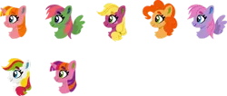 Size: 1280x541 | Tagged: safe, artist:shadowbluebrownine, derpibooru import, banana bliss, berry green, cherry pie, coconut cream, peachy pie, earth pony, pegasus, unicorn, g4, beachberry (g4), bust, horn, image, png, portrait, simple background, sweetsong (g4), transparent background