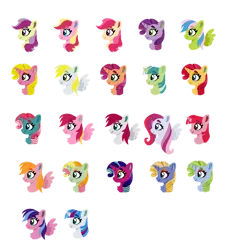 Size: 750x821 | Tagged: safe, artist:shadowbluebrownine, derpibooru import, apple bumpkin, berry punch, berryshine, bitta luck, diamond rose, flippity flop, flitterheart, forsythia, gardenia glow, golden delicious, island rainbow, junebug, lucky dreams, ploomette, rainbow wishes, ribbon wishes, sapphire shores, sprinkle stripe, earth pony, pegasus, unicorn, g4, apple family member, breezie (g4), breezie flora, bust, cinnamon breeze (g4), horn, image, png, portrait, simple background, skywishes (g4), transparent background, unicorn berry punch, unicorn golden delicious, unicorn junebug, unicorn sapphire shores