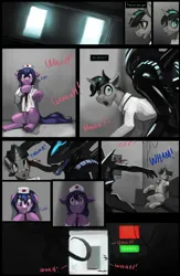 Size: 952x1456 | Tagged: grimdark, artist:alientsdev, derpibooru import, oc, unofficial characters only, alien, earth pony, pony, unicorn, xenomorph, comic:alien: twilight signing off, alien (franchise), blood, comic, death, dialogue, duo, female, horn, image, impalement, mare, mimicry, nurse, png, slit throat, space station