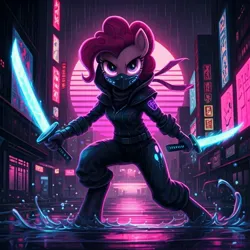 Size: 1024x1024 | Tagged: safe, ai content, generator:google imagen 3.0, machine learning generated, nightcafe ai, pinkie pie, cyberpunk, image, jpeg, music, ninja