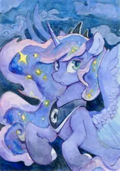 Size: 4629x6559 | Tagged: safe, artist:anazeml, artist:laymy, derpibooru import, princess luna, alicorn, pony, g4, crown, image, jewelry, jpeg, regalia, solo, traditional art, watercolor painting