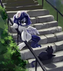 Size: 4800x5432 | Tagged: safe, artist:anazeml, artist:laymy, derpibooru import, oc, unofficial characters only, cat, pegasus, pony, glasses, image, png, solo, stairs