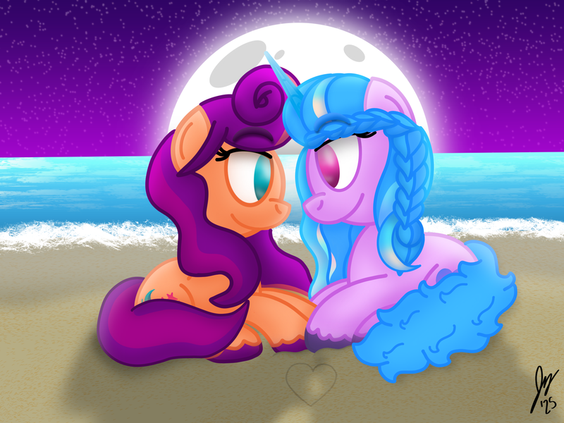 Size: 2160x1620 | Tagged: safe, artist:jesslmc16, derpibooru import, izzy moonbow, sunny starscout, earth pony, pony, unicorn, g5, my little pony: tell your tale, spoiler:g5, spoiler:my little pony: tell your tale, spoiler:tyts02e32, alternate hairstyle, beach, duo, duo female, female, heart, horn, image, lesbian, lidded eyes, looking at each other, looking at someone, magic mirror (episode), mane stripe sunny, mare, moon, night, png, ship:moonscout, shipping, signature, sitting, smiling, smiling at each other, starry night, stars